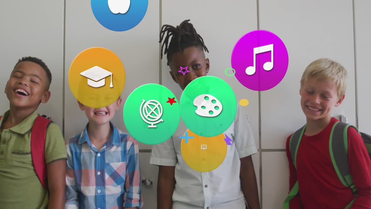 animación de iconos escolares sobre la risa de diversos escolares por los casilleros de la escuela