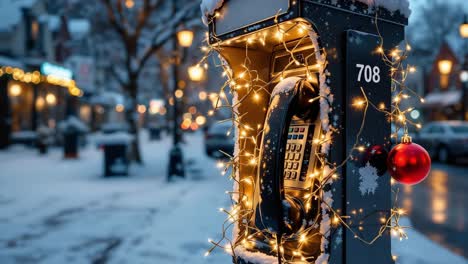 vintage phone booth adorned with festive lights and decorations in a snowy winter scene