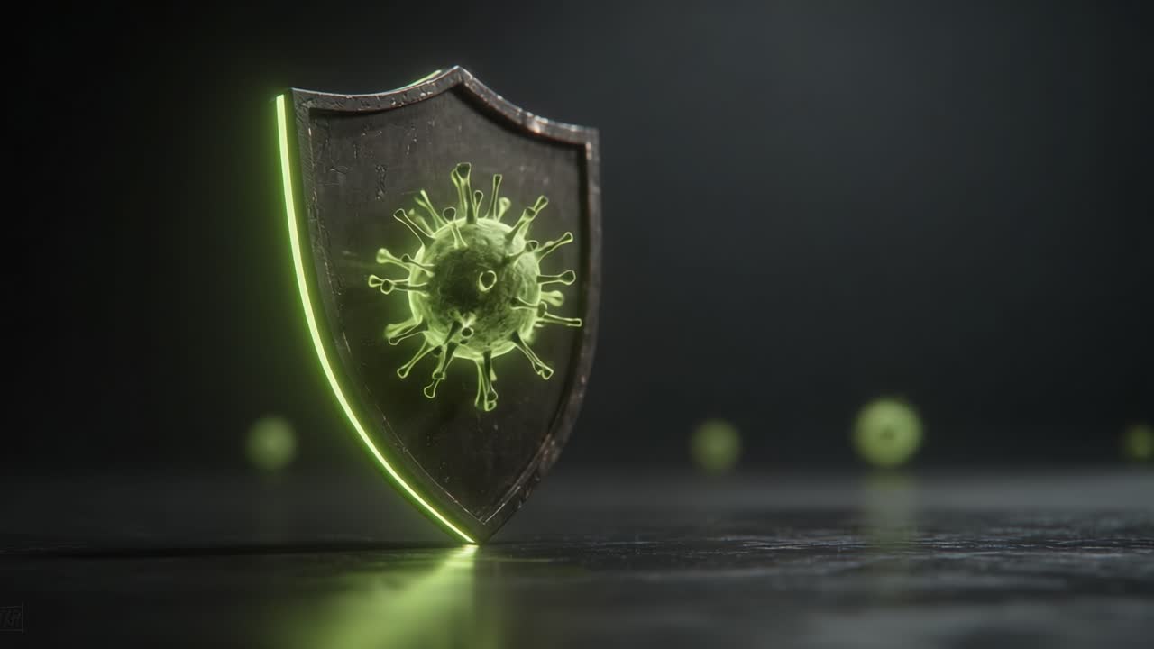 A stylized shield with a glowing green virus illustration, representing protection against pathogens, emphasizing health and safety in a high-tech environment