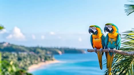 two colorful parrots perched on a branch overlooking a tropical beach