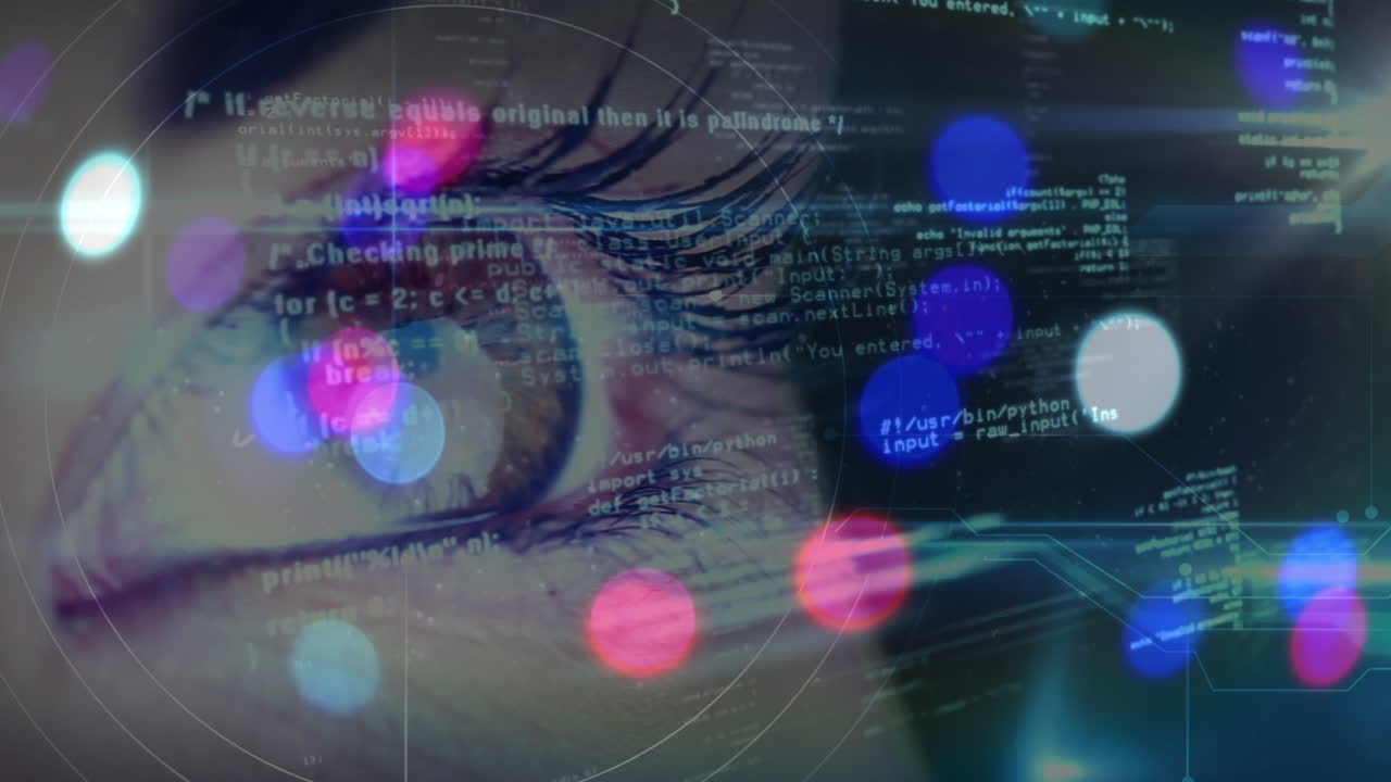 punti luminosi colorati di luce, elaborazione dei dati e scansione della portata su close-up degli occhi femminili