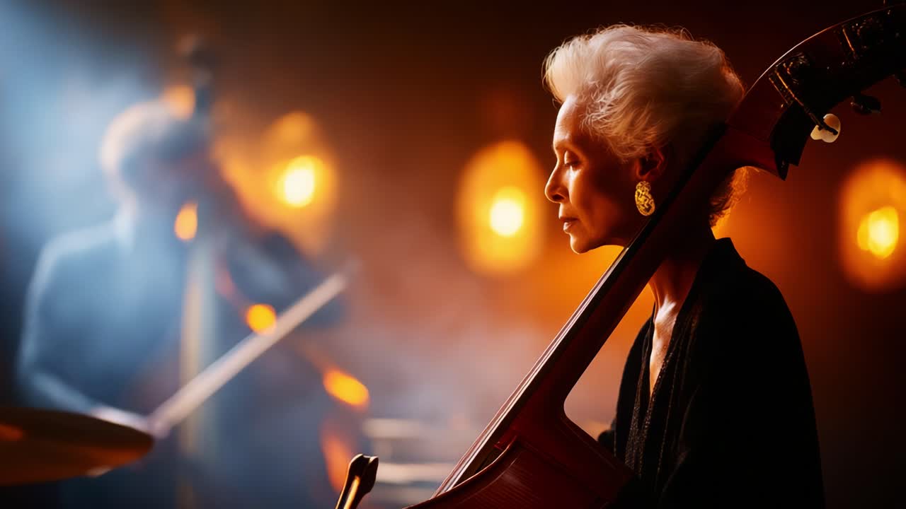 A captivating jazz performance featuring a graceful musician playing a unique string instrument, exuding artistic elegance and rich atmosphere complemented by atmospheric lighting