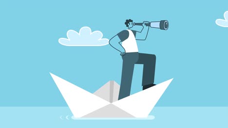 cartoon man looking through a telescope of paper boat. flat design 2d character isolated loop animation with alpha channel