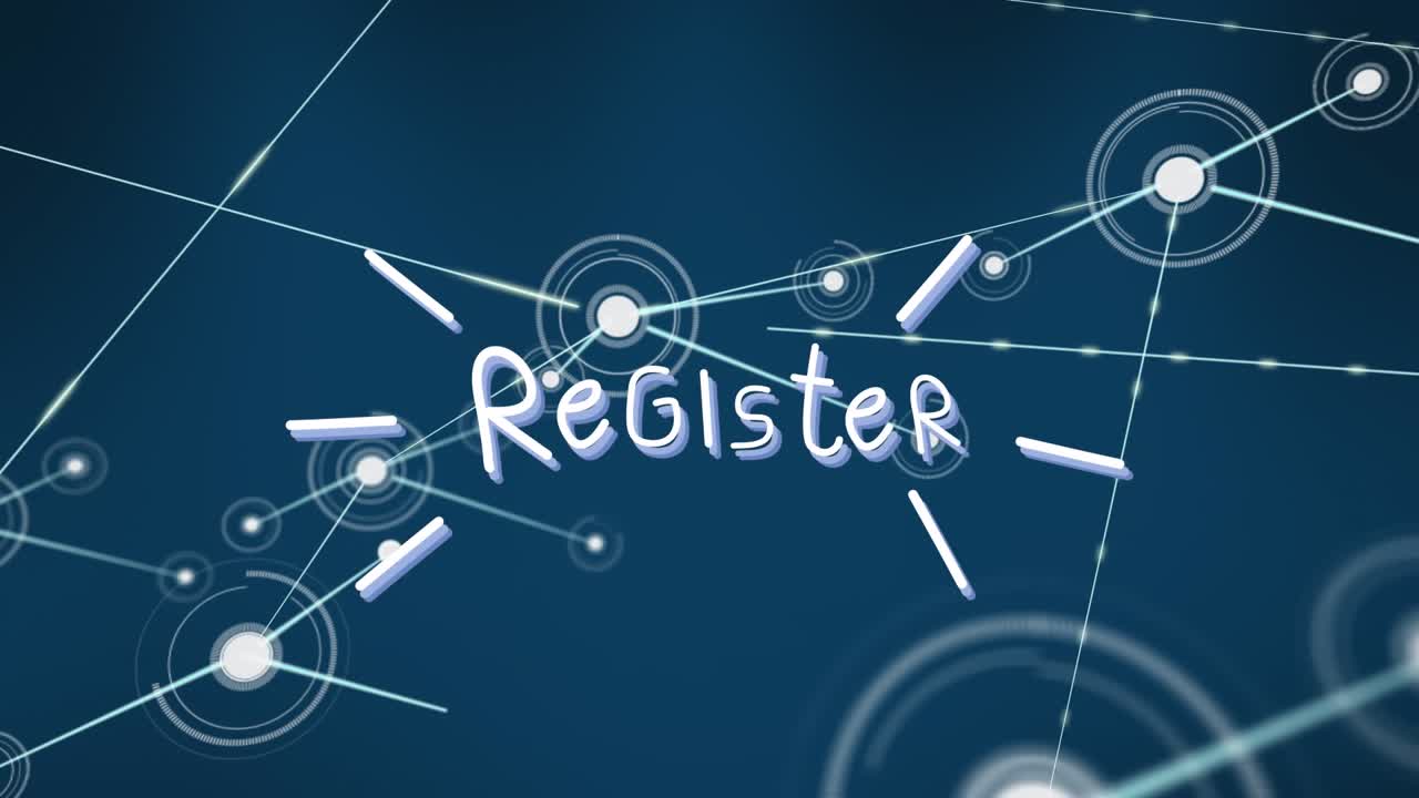 Animation of register text banner and network of connections against blue background