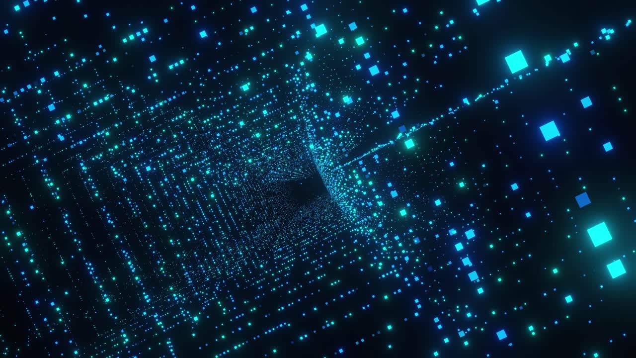 Big data tunnel dot in cyberspace background, drone view flying camera, blue glowing dot , technology concept, 4k resolution