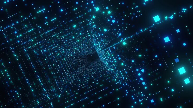 Big data tunnel dot in cyberspace background, drone view flying camera, blue glowing dot , technology concept, 4k resolution
