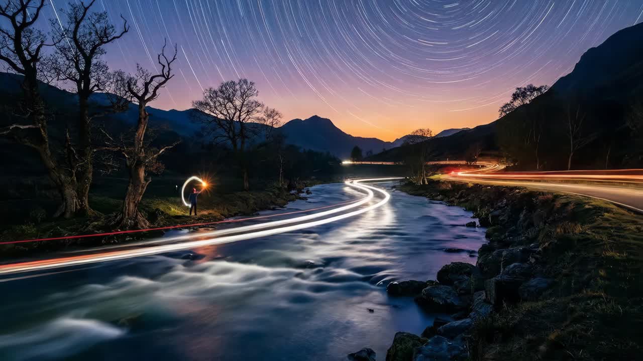 Paesaggio notturno con scie stellari e light painting