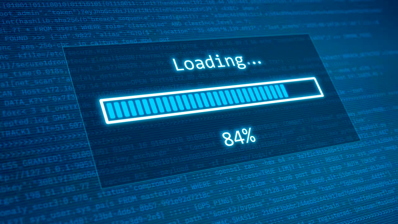 Digital Loading Progress Bar Animation with Code Background, System Processing and Completion Interface Loop