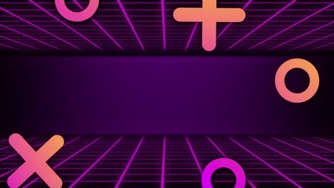 animación de formas abstractas sobre una red de cuadrícula púrpura contra fondos grises con espacio de copia