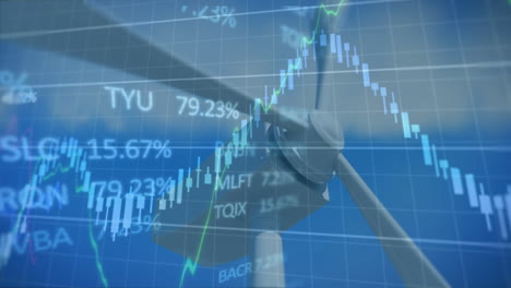 animación de gráficos y procesamiento de datos sobre la turbina eólica contra el cielo azul
