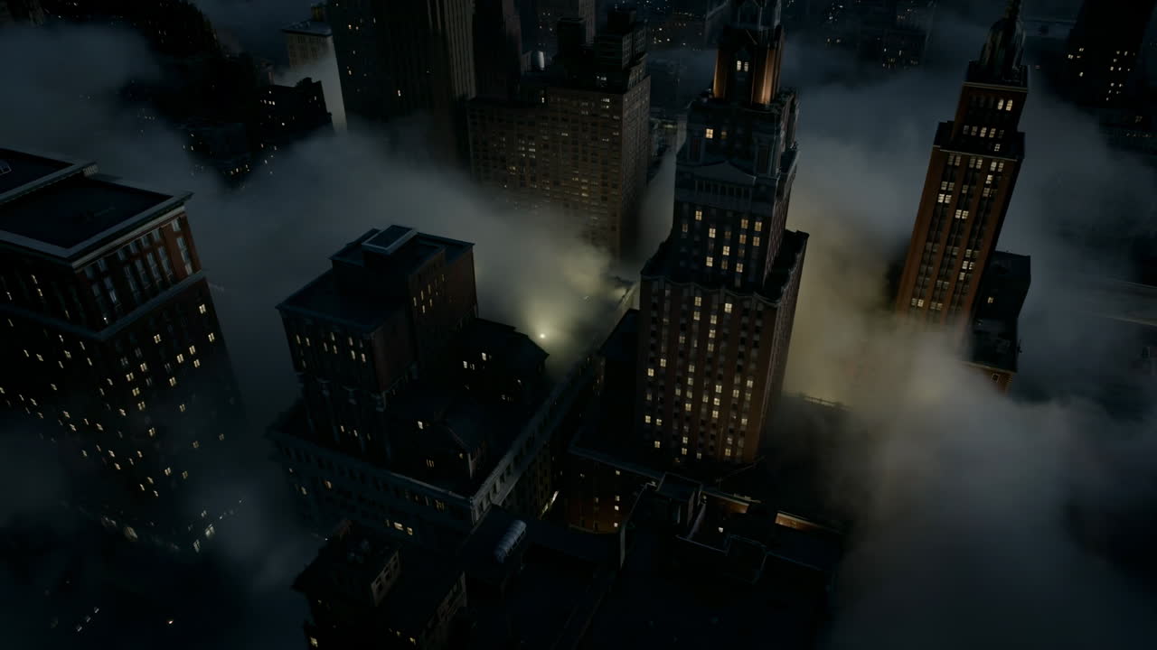 Foggy Skyline Illuminated By Distant Lights, Aerial View Reveals Skyscraper Towers Piercing Mist, Drone Sweep
