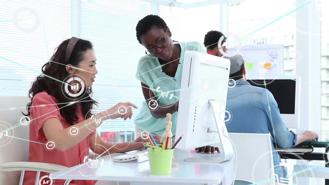 Animation of network of connections with icons over diverse business people in office