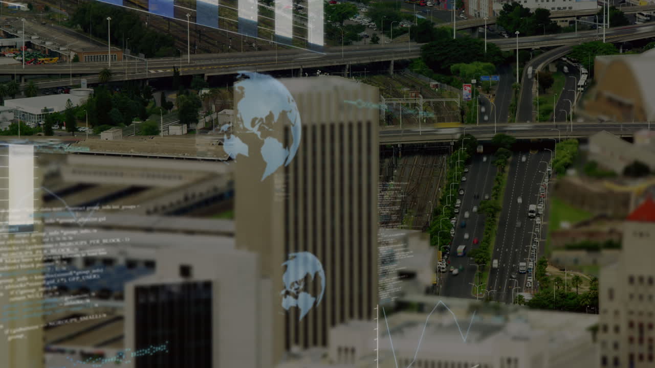 animación del globo y procesamiento de datos sobre el paisaje urbano