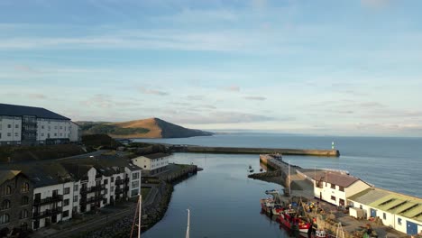 Drone-footage-on-a-summer-day-in-UK-Wales-Aberystwyth-around-the-beach,-harbour,-sea-side,-clif-and-town-front-15