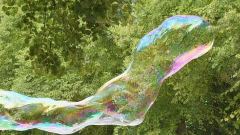 a large, iridescent soap bubble floats and twists in front of lush green trees in a sunlit park, captured in a steady wide shot