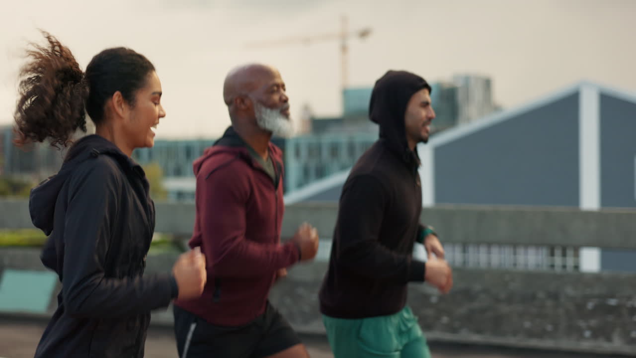 Group, city and people with exercise