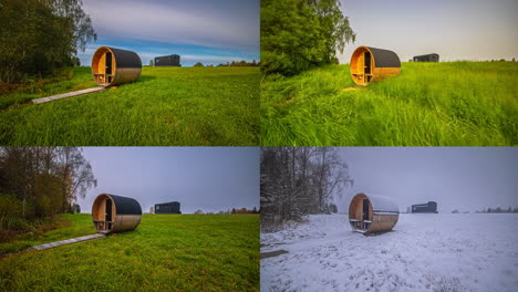 comparación de video de una sauna de barril a través de cuatro estaciones diferentes en una pantalla en lapso de tiempo