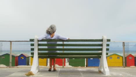 vista trasera de una mujer afroamericana senior activa relajándose en un banco en el paseo marítimo 4k