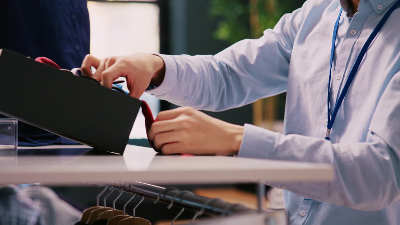 trabajador envolviendo corbata elegante