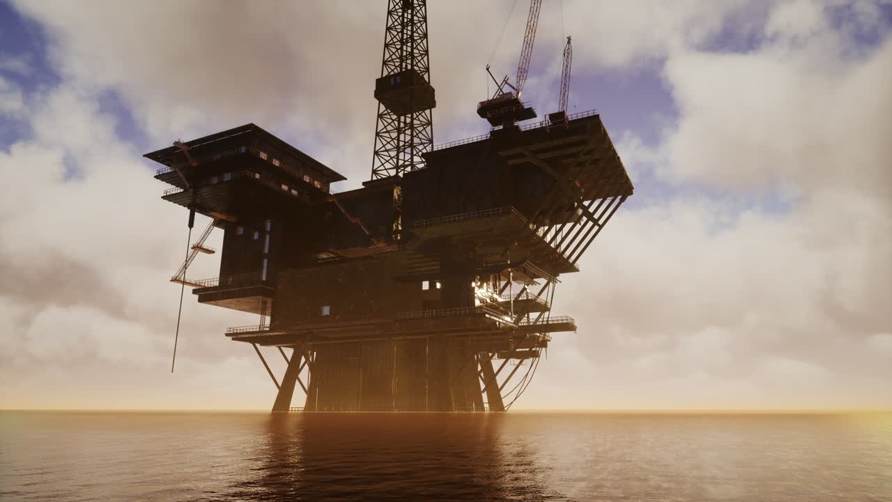 Offshore Jack Up Rig in The Middle of The Sea at Sunset Time