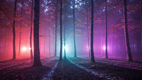 ethereal forest at dusk: a spectacular display of colorful fog and illuminated trees, capturing the enchantment of nature enhanced by vibrant lighting effects