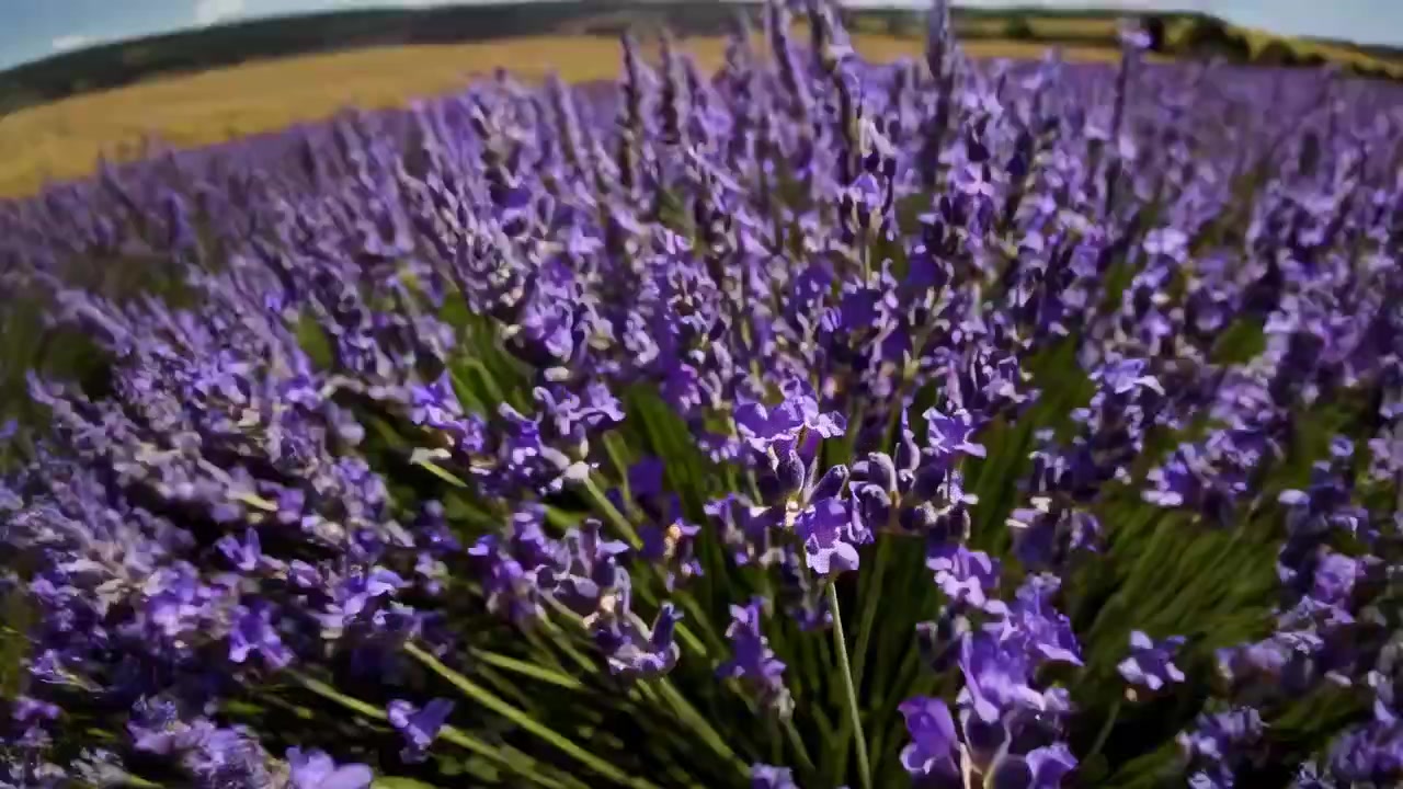 Campo di lavanda vivace sotto un cielo luminoso e soleggiato