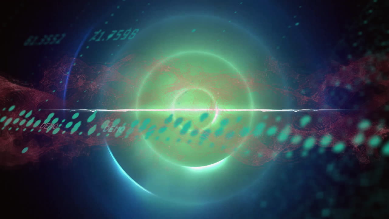 검은색 배경에 있는 dna 줄과 빛의 흔적과 원 위의 데이터 처리의 애니메이션