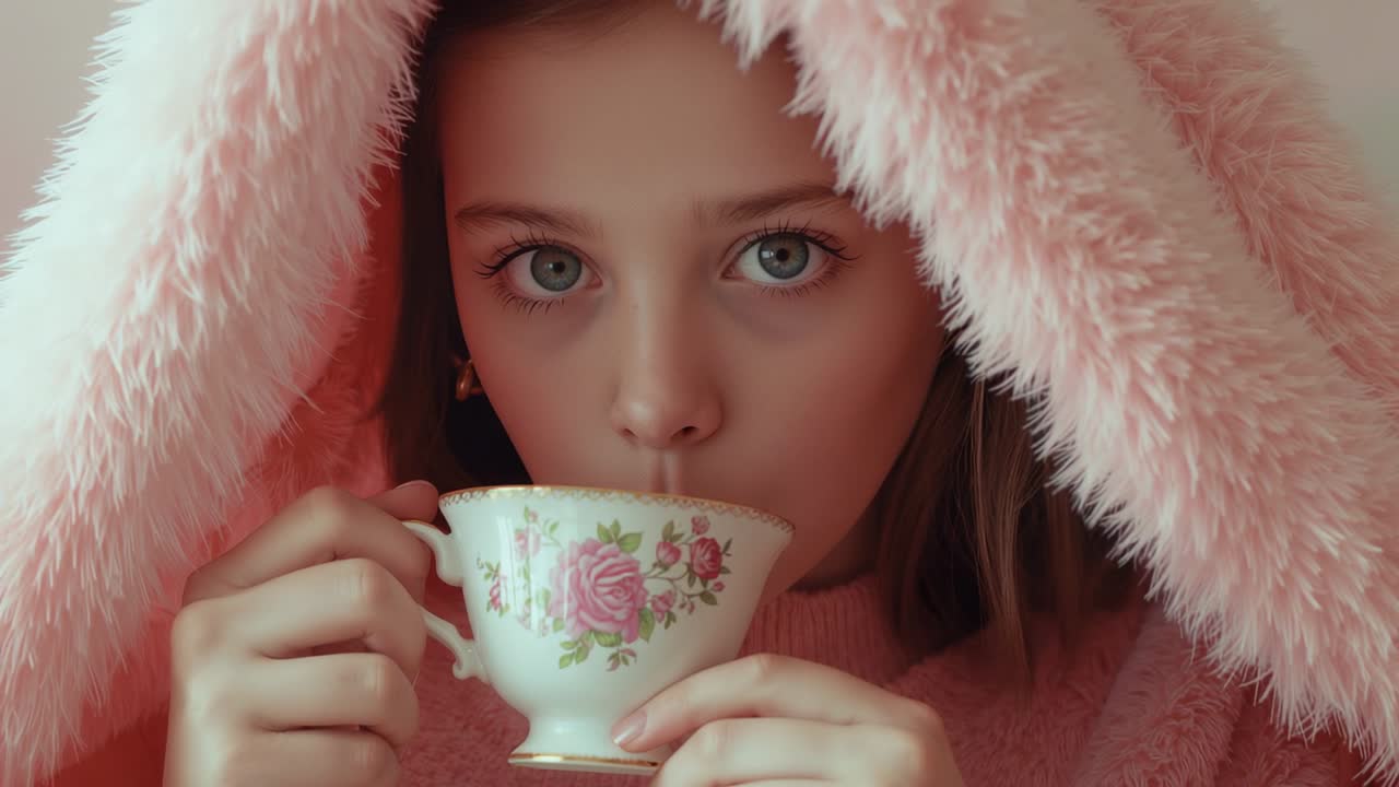 Teenage girl in pink blanket sipping tea twice in rose teacup at table, revealing knit sweater
