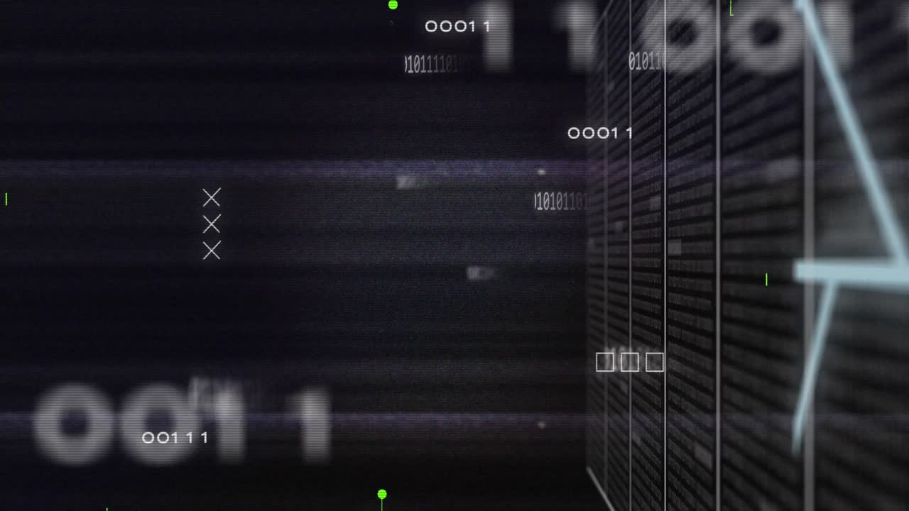 Animation of binary codes and circuit board pattern with server racks against black background