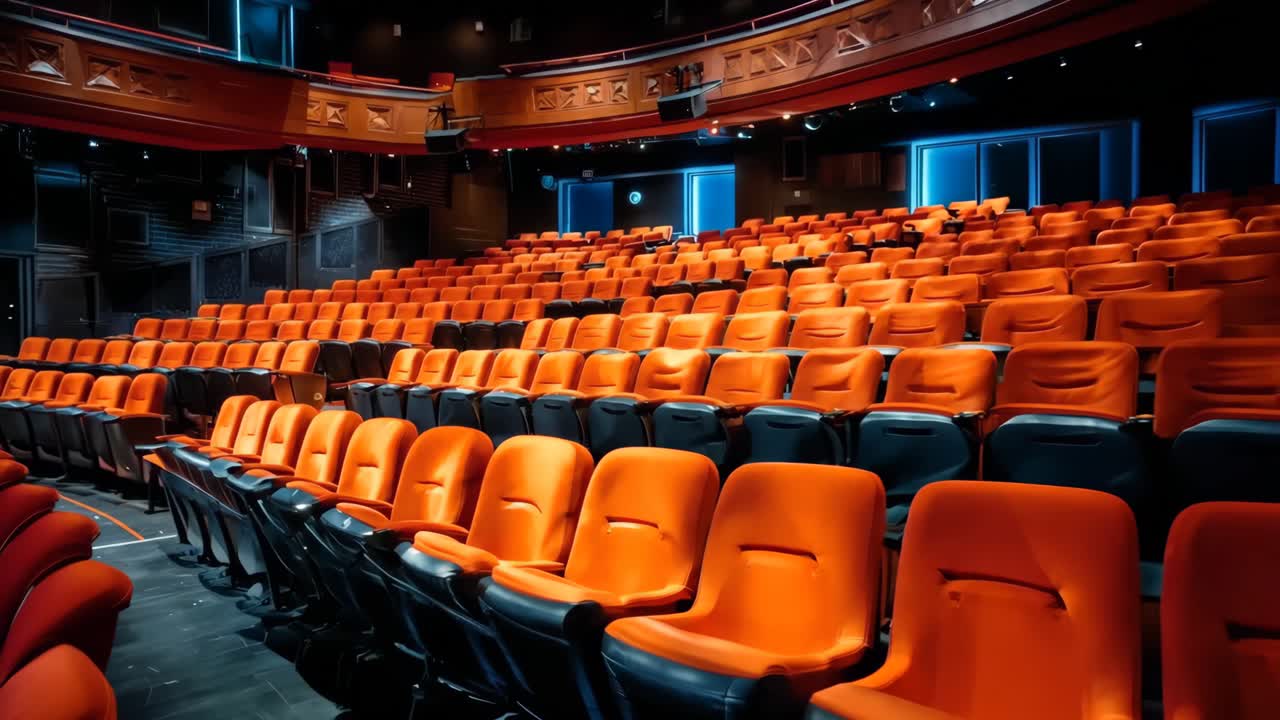 un teatro vacío con filas de asientos naranjas