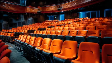 an empty theater with rows of orange seats