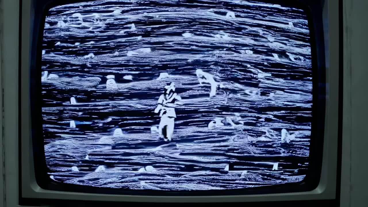 A distorted video image with a glitch effect, viewed from a straight-on angle, creating a surreal