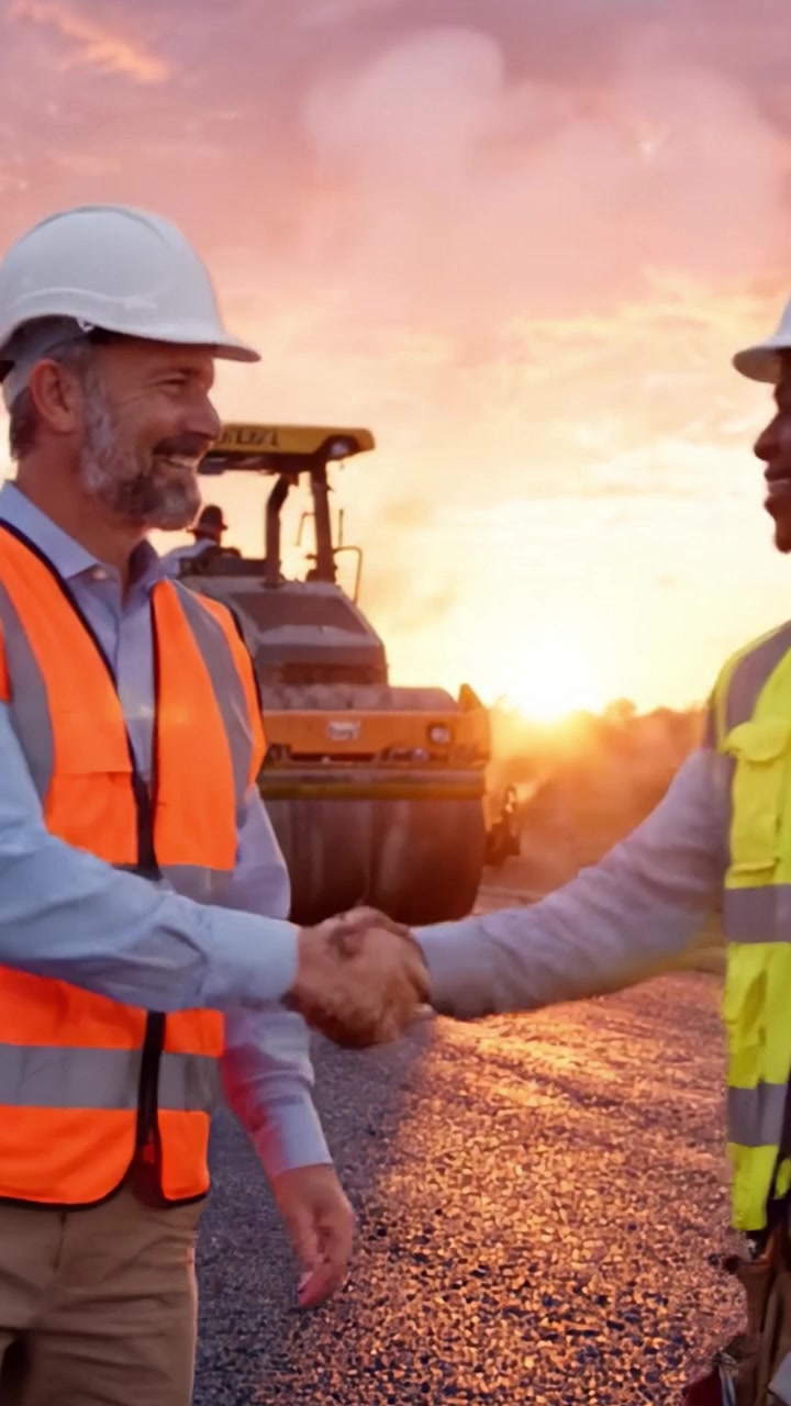 Workers Overseeing Road Construction at Sunset with Heavy Machinery, Highlighting Infrastructure Development and Collaboration for Urban Expansion