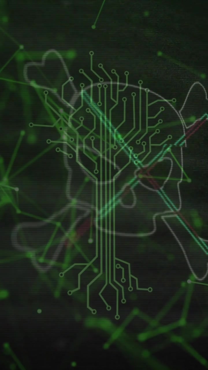 Animation of skull and bones, digital data processing over computer servers