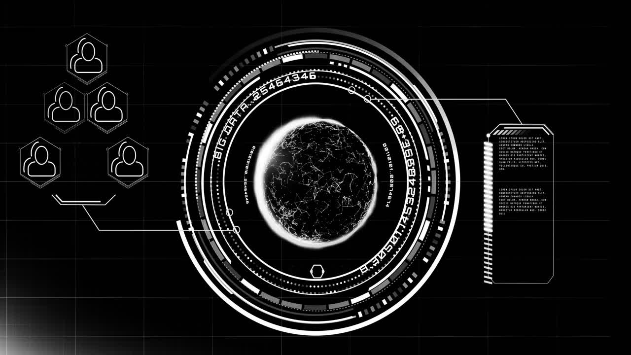 Animation of globe with icons and data processing over black background