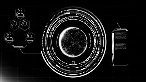 Animation-of-globe-with-icons-and-data-processing-over-black-background