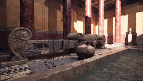 ancient bathhouse with ornate columns and intricate mosaics in sunlight