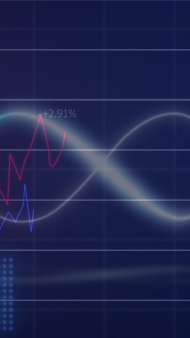 Animation of neon infinity symbol over statistical data processing against blue background