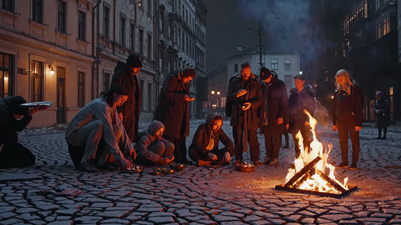 밤 에 도시 거리 에서 불 을 둘러싸고 모이는 사람 들