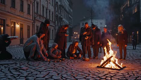 people gathering around a fire in a city street at night