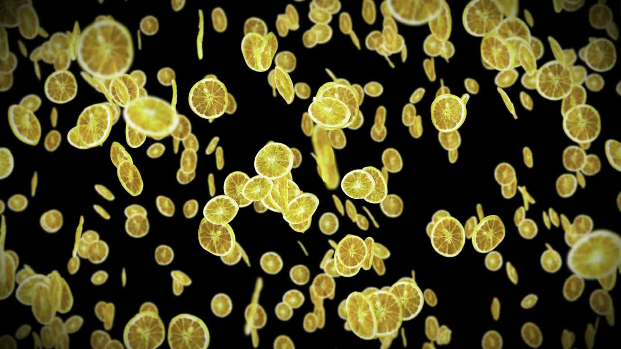 검은 바탕에 많은 건조 레몬을 날아. 탈수 된 과일, 음식 개념. 3d 애니메이션 조각 된 과일 레몬 회전. 루프 애니메이션.