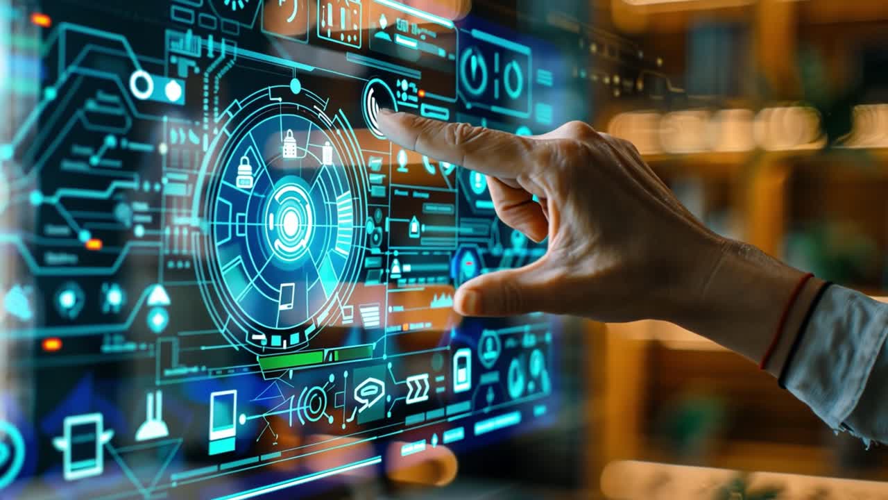 Hand interacting with a futuristic touchscreen interface