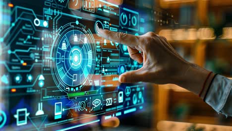 hand interacting with a futuristic touchscreen interface