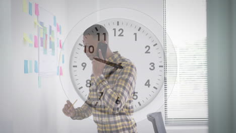 talking on smartphone, man in office with clock animation overlay