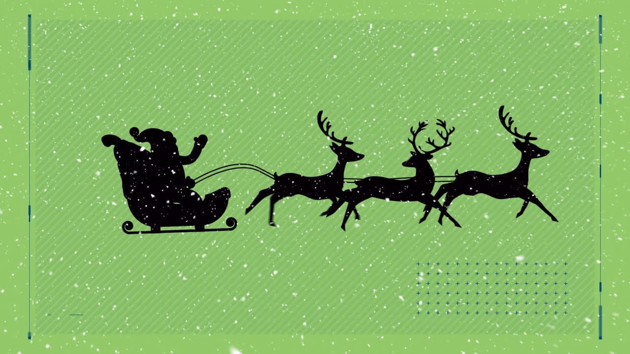interfaz y nieve cayendo sobre santa claus en trineo siendo tirado por renos en fondo verde