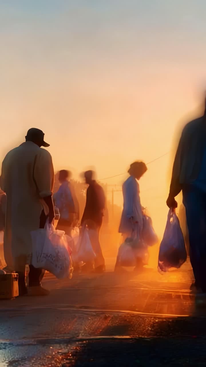 Silhouette di persone che camminano nella nebbia al tramonto con delle borse, catturando l'essenza della vita quotidiana e la bellezza del crepuscolo in una scena urbana