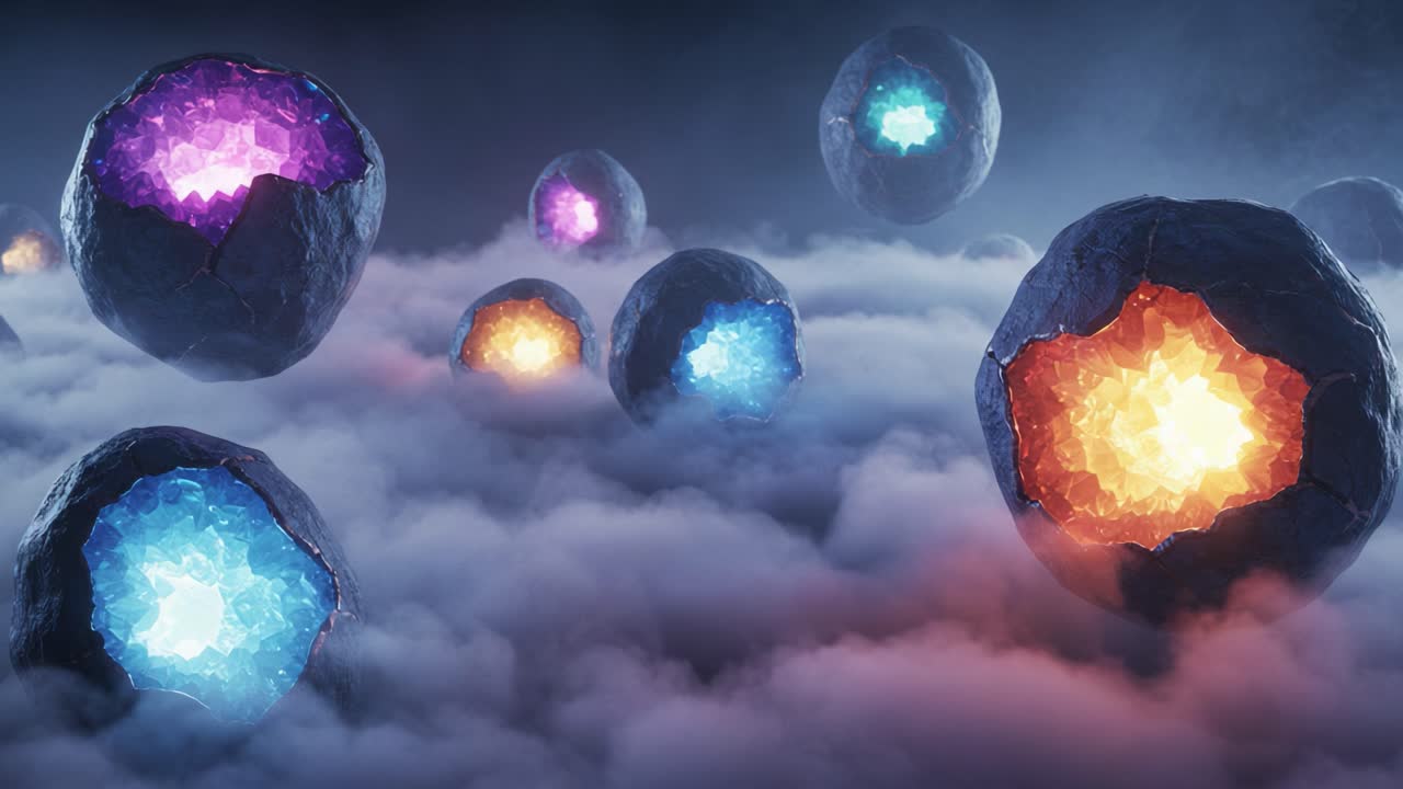 An Enigmatic Atmospheric Display of Glowing Orbs Floating Amidst a Dreamlike Cloud Landscape, Each Orb Radiating Unique Colors and Shapes, Creating a Mystical Visual Experience