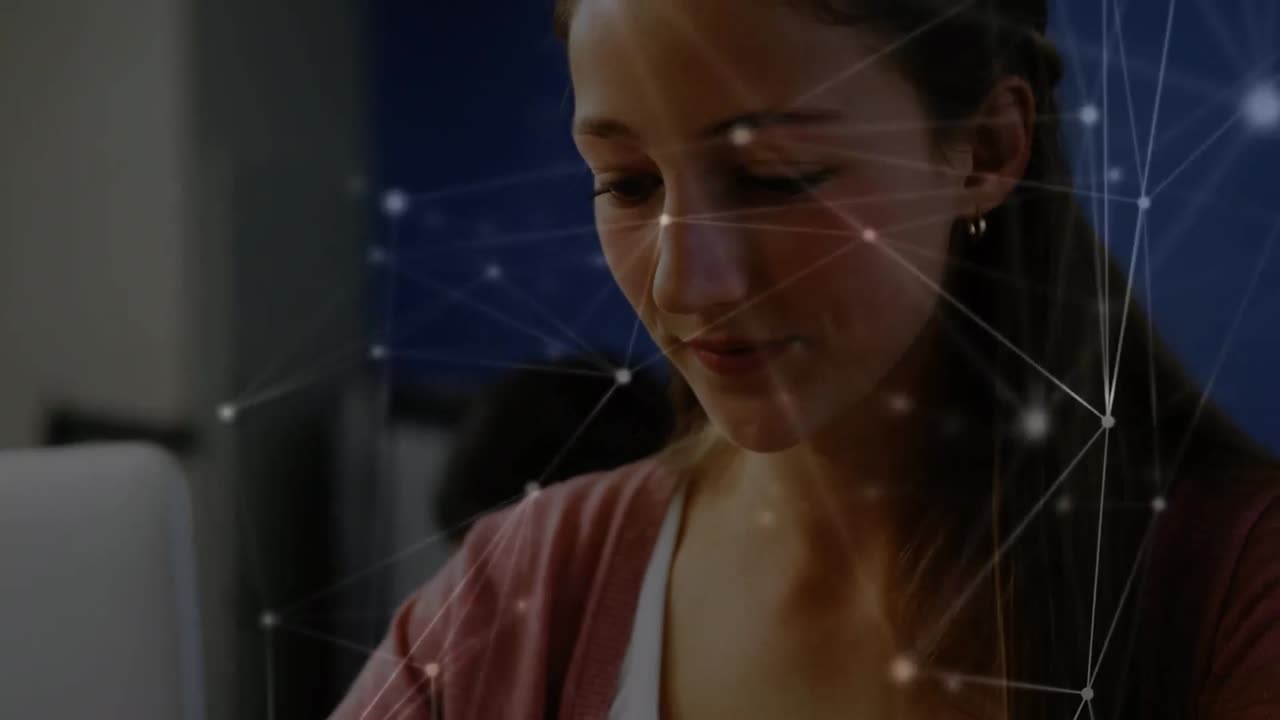 animación de la red de conexiones sobre la niña de escuela caucásica en el aula