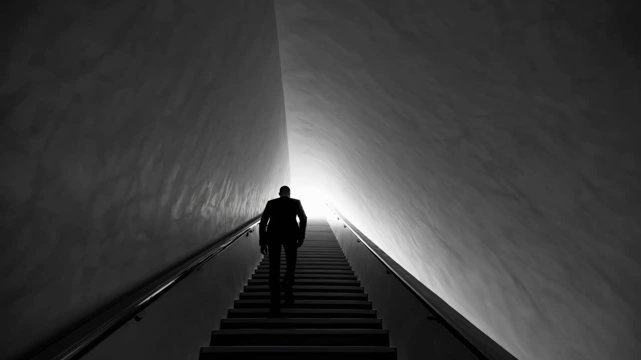 A silhouette of a person ascending stairs, captured from a low angle