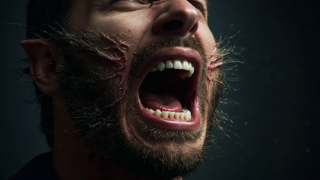 A Dramatic Transformation: Intense Expression and Distinctive Features Captured in High-Contrast Imagery of a Character on the Brink of Transformation